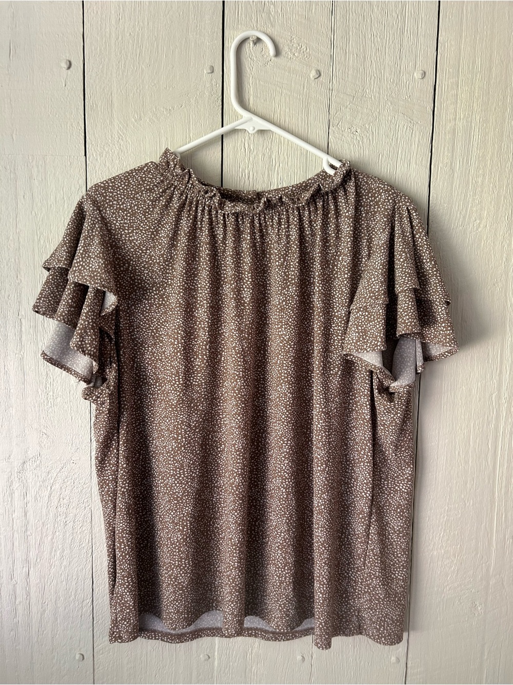 Adrianna Papell Brown Polka Dot Ruffle Sleeve Blouse